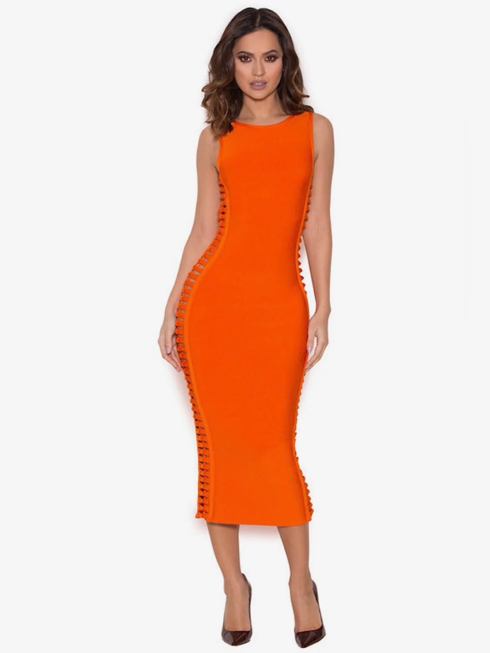 Orange Sleeveless Midi Bodycon Dress